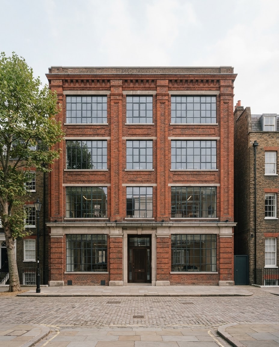 A red brick commercial building with large steel-framed windows on a London street